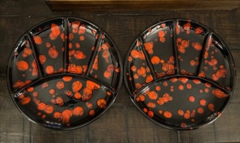 Rare Mid Century Ceramic Large Black and Red Atomic 10 Inch Plates Set Of 2